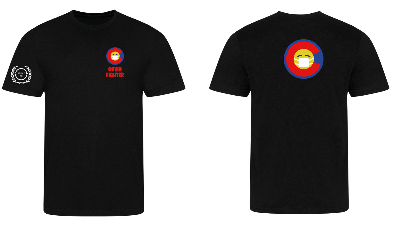 Covid Fighter T shirt - Black - C logo Serve On