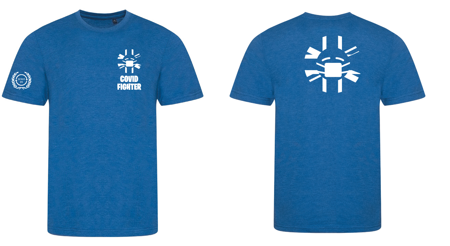 Covid Fighter T shirt - Heather Blue/White Serve On