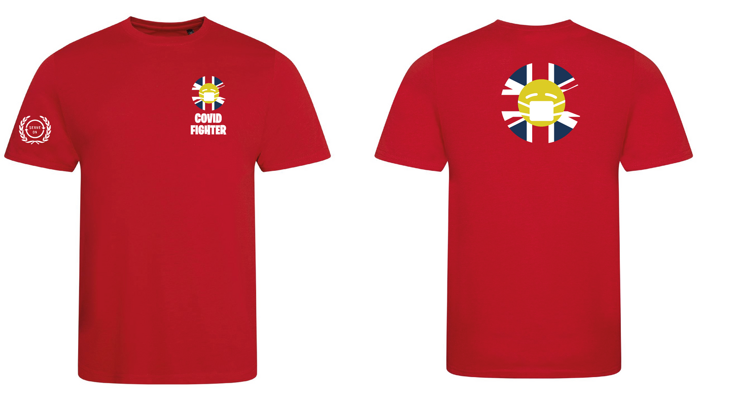 Covid Fighter T shirt - Red - full colour logo Serve On
