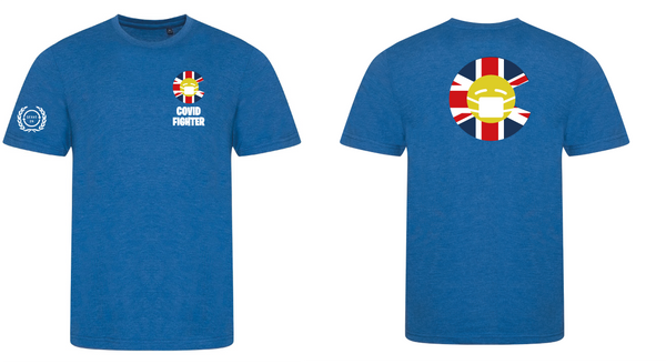 Covid Fighter T shirt - Heather Blue - full colour logo Serve On
