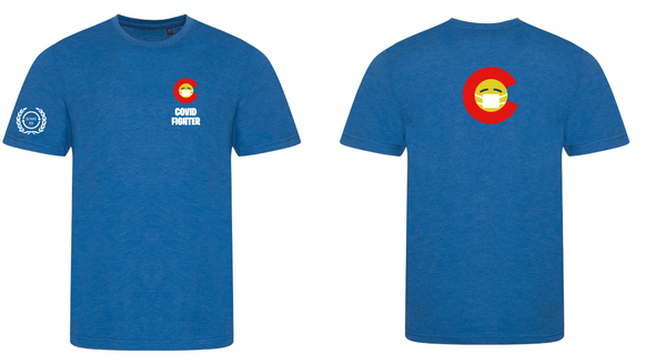 Covid Fighter T shirt - Heather Blue - C logo Serve On