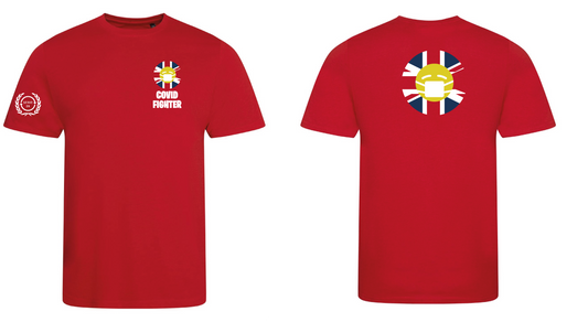 Covid Fighter T shirt - Red - full colour logo Serve On